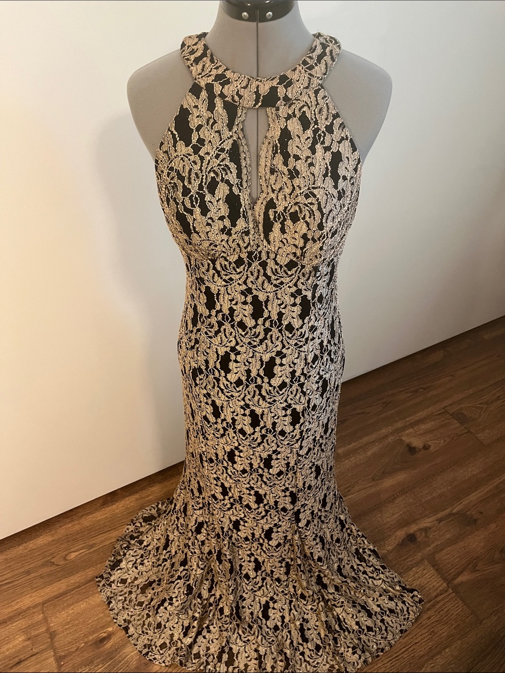 Night Way Collections Black & Gold Lace Halter Gown